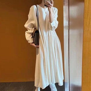 South Korea Chic autumn temperament gentle round collar fold design sense high waist loose casual pure color long -sleeved dress
