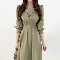 Korean Chic Early Spring French Elegant Lapel Cross Tie Waist Puff Sleeve Shirt Dress - Long Skirt For Women