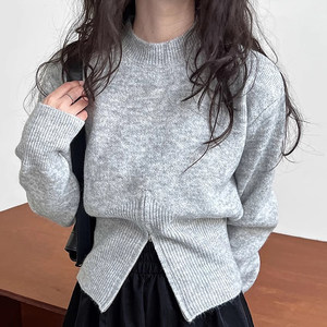Korean chic autumn niche temperament round neck zipper design loose versatile long sleeve knit sweater solid color sweater for women
