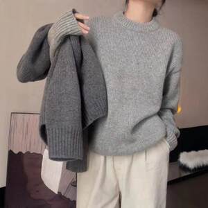
Hot autumn and winter women's cashmere sweater round neck loose lazy style sweater cherry red versatile wool base shirt top