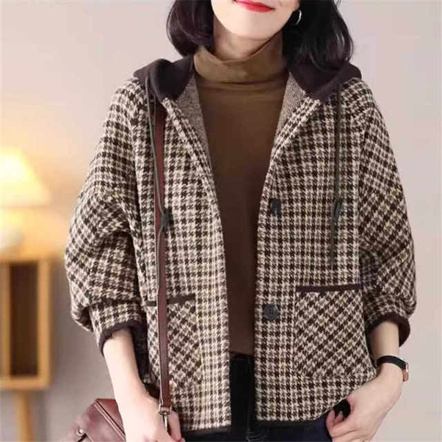 2024 Spring and Autumn New High-end Plaid Cashmere Woolen Short Jacket Women's Loose Bat Sleeve Thickened Hooded Cardigan