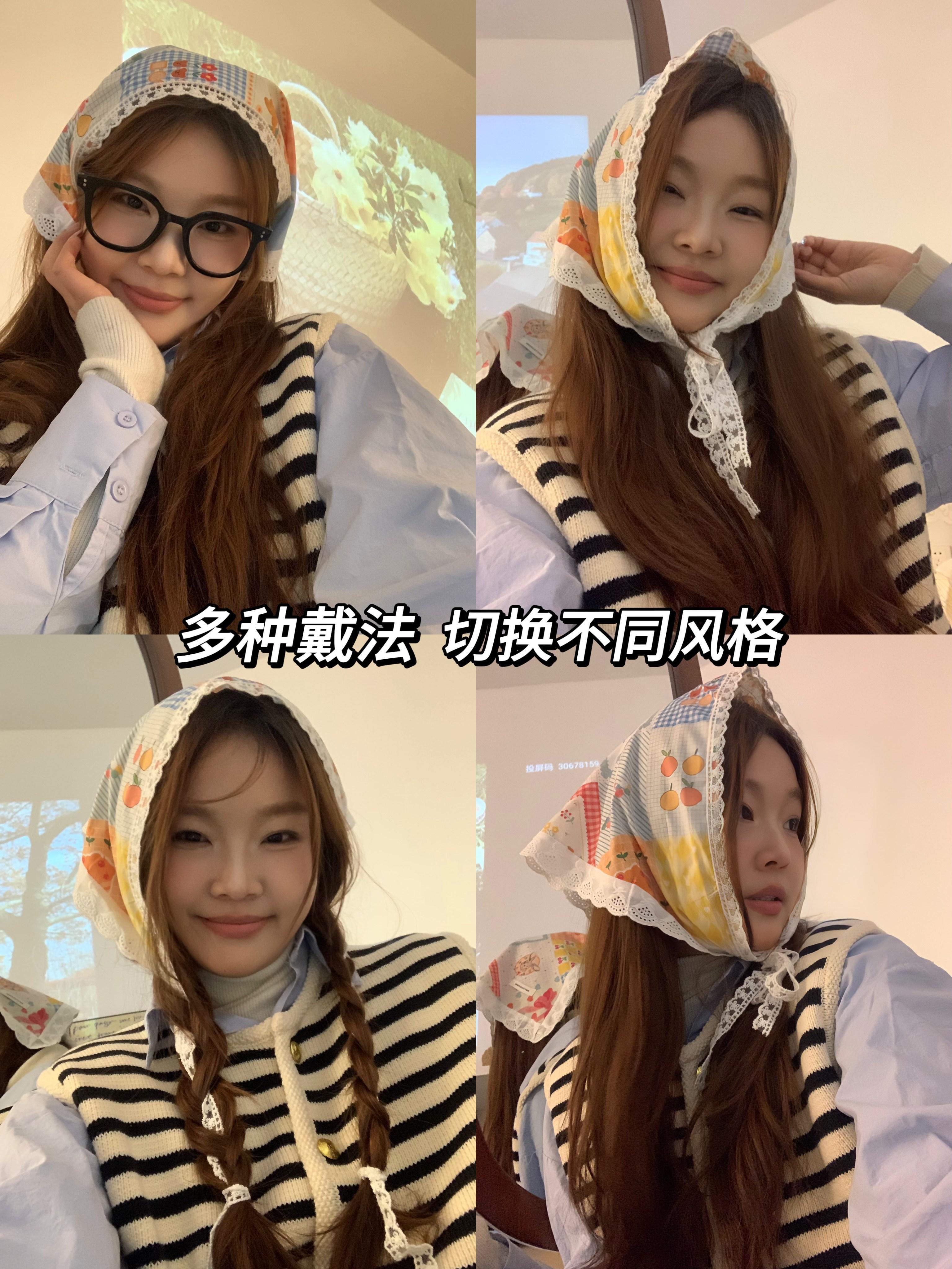 元气可爱多巴胺三角头巾少女夏季田园度假风海边拍照甜美蕾丝发带