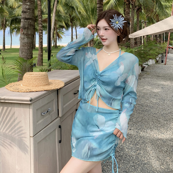 
Swimsuits for women split bikini four-piece long-sleeved shirt sexy large size meat cover seaside vacation hot spring swimsuit