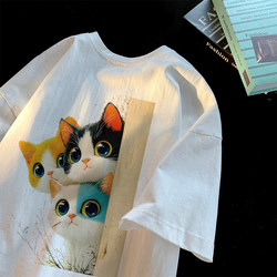 Overseas Orders, Surplus Stock, Bargain Items~ Cute Three Cats Heavy Cotton Short-Sleeve T-Shirt for Men and Women