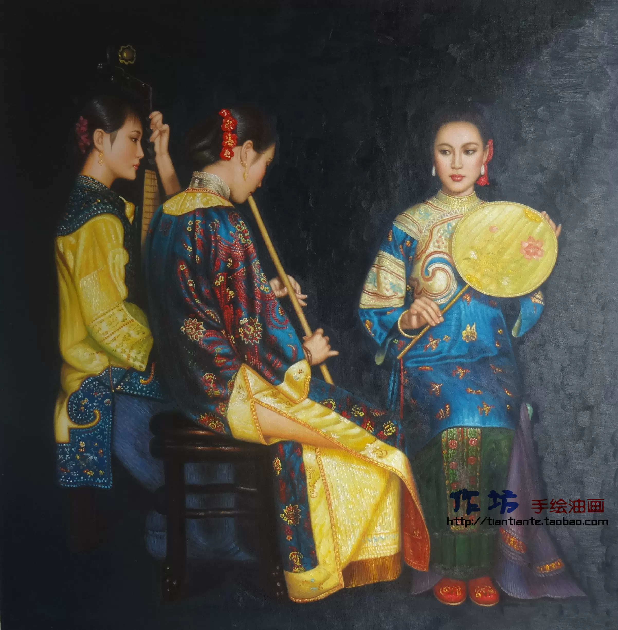 手绘陈逸飞油画古典仕女挂画五美奏乐简约现代风格无框布画-Taobao-Tmall