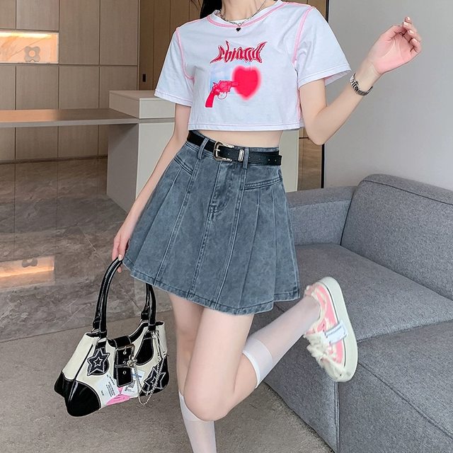 Gray denim skirt for women thin summer 2025 new high-waist pleated short skirt anti-exposure A-line skirt pants