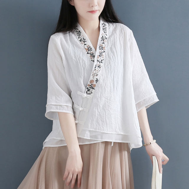 Tang clothing embroidery literary retro cotton and linen top female plate buckle tea clothing sunscreen shirt Chinese Hanfu cardigan fake two pieces
