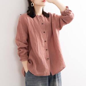 Literary retro style cotton base shirt women's new top design sense niche loose long -sleeved lady shirt
