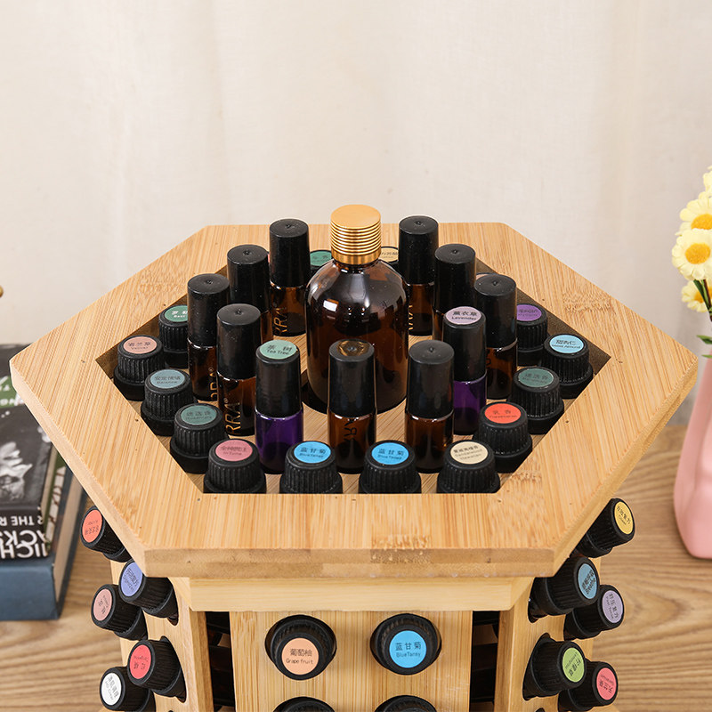 85-Grid Essential Oil Display Stand - Bamboo Wood Rotating Storage Box