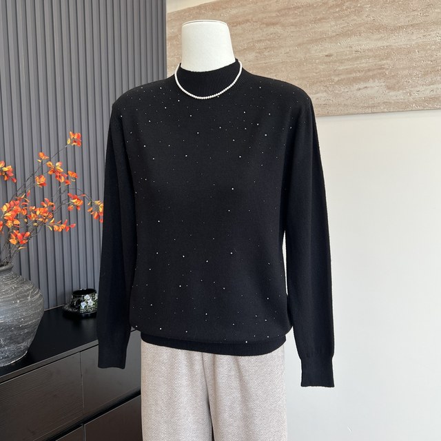 Mom's new style knitted inner top solid color rhinestone base half turtleneck versatile sweater for middle-aged and elderly women