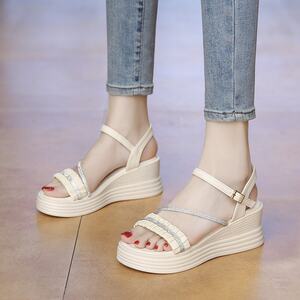 
Thick-soled wedge sandals for women 2025 summer new women's shoes with skirt, sponge cake sole one-button fashion sandals size 34