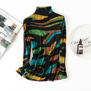 Women's imported Australian super fine double -layer pure wool bottoming shirt printing tall long -sleeved sweater, sweater, sweater