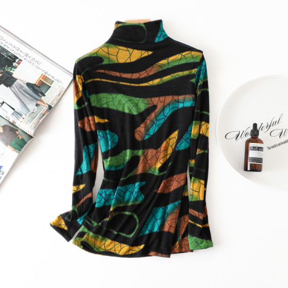 Women's imported Australian super fine double -layer pure wool bottoming shirt printing tall long -sleeved sweater, sweater, sweater