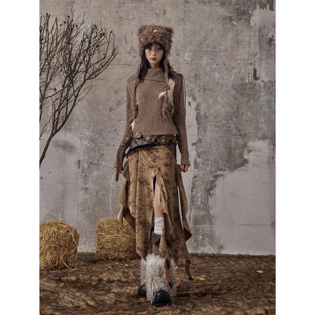 Lost back garden retro wandering pu leather splicing rivet autumn and winter irregular ruffled long skirt for women
