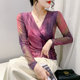 Design sense folds cross V -neck T -shirt women's long -sleeved sexy mesh dyeing printing osmanthus slimming bottom shirt