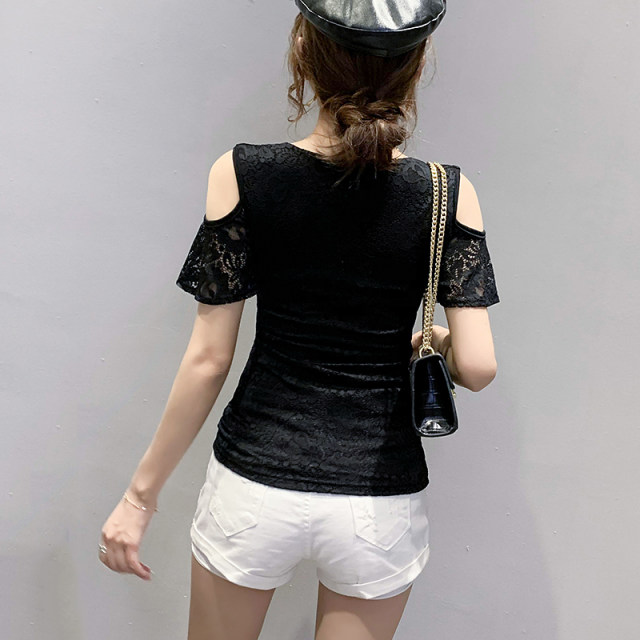 2024 new temperament women's sexy offshoulder lace shortsleeved T
