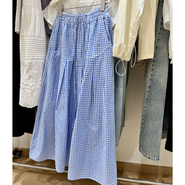 2025 new retro plaid skirt for women summer loose versatile drawstring A-line long skirt for slimming versatile skirt