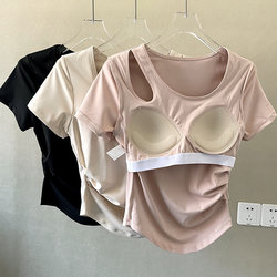 Sports Top with Chest Pads, Quick-Drying, Slimming, Yoga Short-Sleeve, Naked-Feel, Fixed Cup, Fitness Half-Sleeve, Running, No Need to Wear Underwear