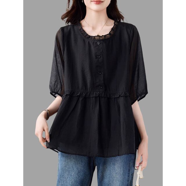 Black short-sleeved shirt for women in 2025 summer new fashion large size loose belly-covering chiffon shirt top
