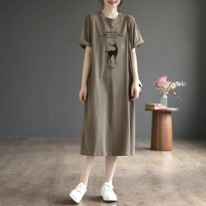
Clearance and pick up 100% pure cotton large-size short-sleeved dress for women in summer 2025 new over-knee mid-length A-line skirt