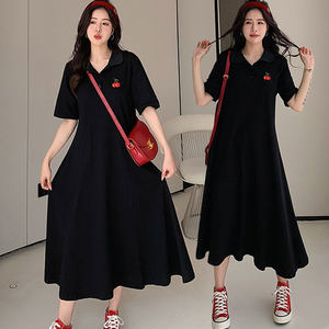 Summer plus size women's clothing fat mm slimming and covering the belly French embroidery small cherry POLO collar dress A-line T-shirt skirt