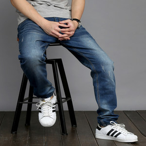 Autumn plus fertilizer, increased size high elastic jeans, men's body is thin small feet pants straight pants loose fat trousers tide