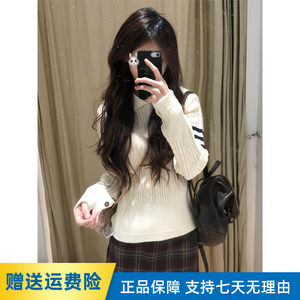 
Lapel Three Stripes Right Shoulder Knitted Sweater Women's Short Top 2025 New Autumn Twist Pullover College Style Sweater