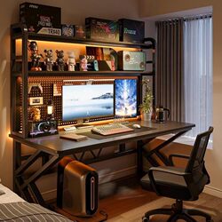 Computer Desk for Bedroom, Home Desktop Desk with Bookshelf, Integrated Desk, Office Desk, Pegboard, Gaming Desk and Chair Set