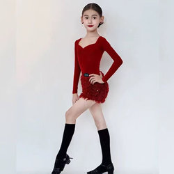 Girls' Latin Dance Clothing, Red Long-Sleeved Practice Clothing, Children's Professional Competition Clothing, Feather Tutu Skirt Training Clothing Set