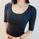 versatile big round neck U-neck base shirt for women Korean style short slim mid-sleeved black gray high-waisted T-shirt top