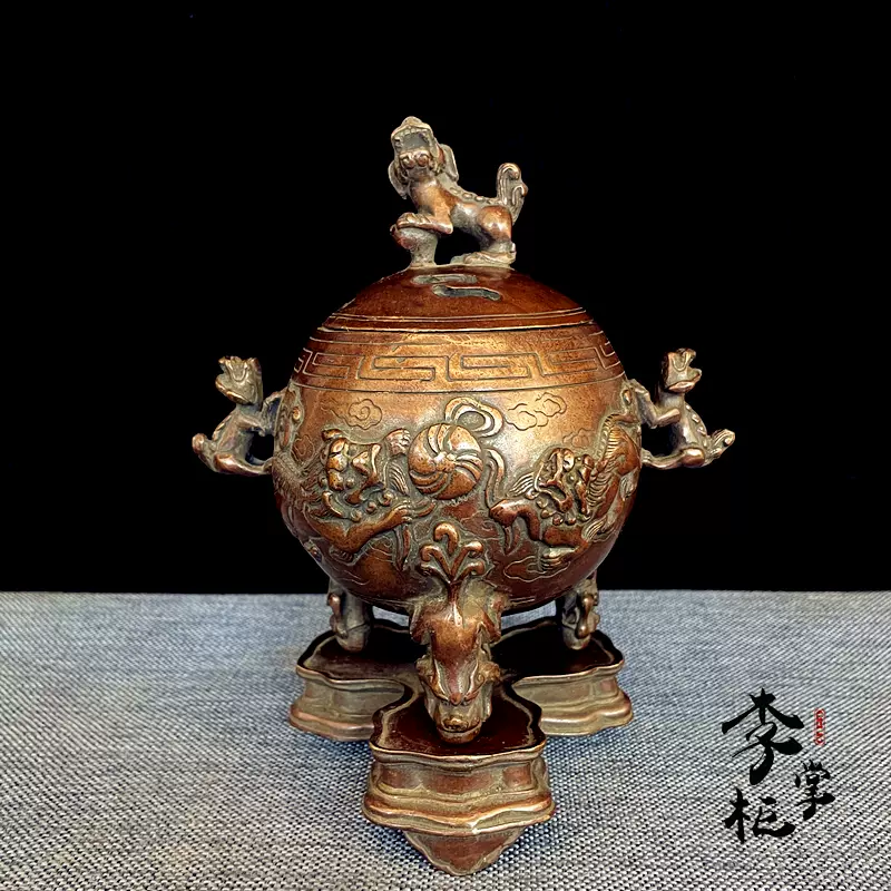 中国古美術・錾刻鎏銀 吉祥八宝鳳耳香炉セット・純銅製・高浮彫・熏香爐・仏具・置物 中国古美術・錾刻鎏銀 吉祥八宝鳳耳香炉セット・純銅製・