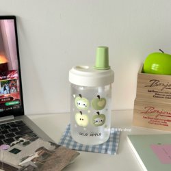 Fresh Green Apple Cat Glass Straw Cup, Portable Water Cup, Large Capacity, High Borosilicate, High Temperature Resistant, Portable