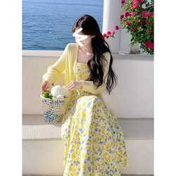 Spring Korean Style Outfit Set for Women 2026 New Gentle Style Cardigan Top Paired with Floral Dress Two-Piece Set