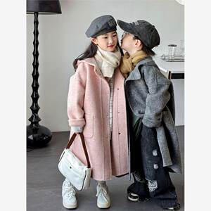 
Korean children's clothing new style double-sided woolen coat for boys and girls, medium and long hooded fashionable coat for children, medium and large children