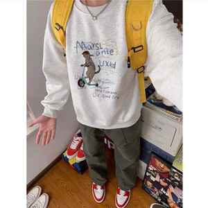 纯棉美式复古套头无帽圆领卫衣男2025新款秋冬款宽松加绒加厚上衣