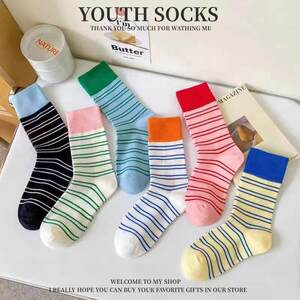 
Spring and summer new Korean socks for women dopamine contrasting striped mid-calf socks Internet celebrity men and women outer wear cotton pile socks