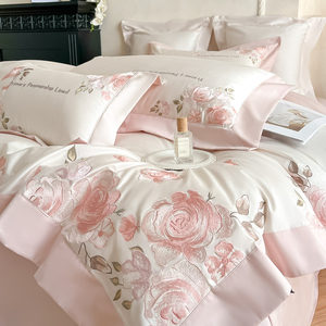 
Pure cotton French rose embroidery four-piece long-staple cotton 1.8 bedding set high-end class A maternal and infant grade quilt cover