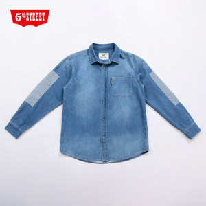 
5th street men's fashion loose spliced long-sleeved denim shirt 630801-233B4