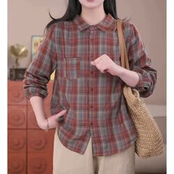 Spring and Autumn Thin, Soft as Cloud, All-Cotton Double-Layer Gauze Plaid Shirt for Women, Long-Sleeved, Skin-Friendly Base Shirt Top