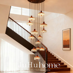 Medieval-Style Glacier Water Drop Chandelier Duplex Loft Staircase Light Apartment Retro Walnut Color Villa Suspended Chandelier