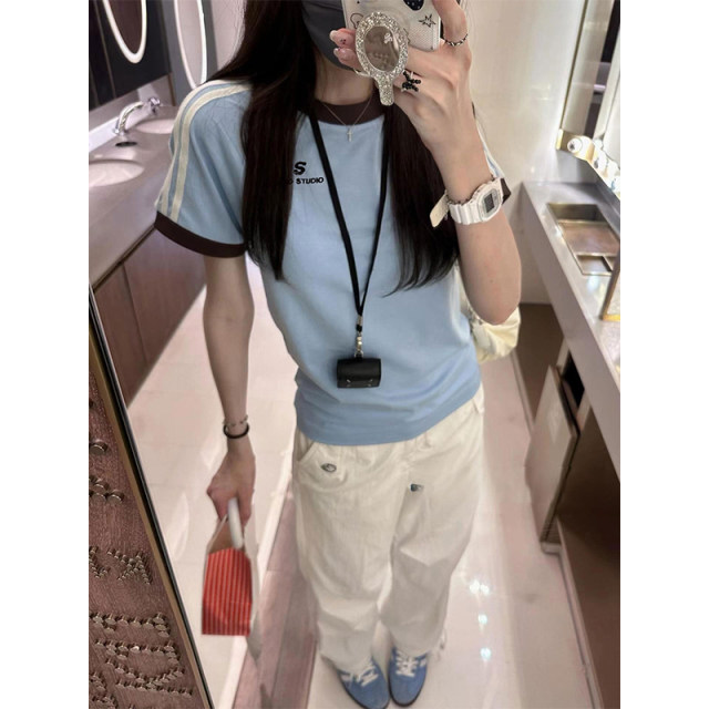Design Sensory Little Personal Practice Three Bars Pure Cotton Short -sleeved T -shirt Female Summer Summer Solid Girl Short Slim
