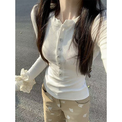 Buttoned Thermal Base Layer Top for Women, Autumn and Winter, Short Style, Slim Fit, Brushed Fabric, Fleece-Lined, Warm T-Shirt