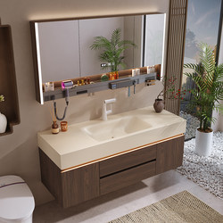 Light Luxury Cream-Style Sintered Stone Integrated Basin Bathroom Cabinet Set, Bathroom Vanity with Solid Wood Washbasin