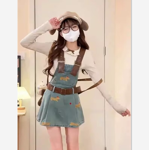 Sweet and cute denim strap skirt for women in spring and summer small girl age-reducing short skirt waist-hugging and slimming A-line dress
