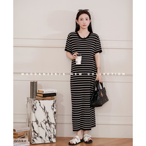 
Maodan [Law of Simplicity] Maternity wear spring and summer new short-sleeved long skirt fashionable casual striped round neck dress