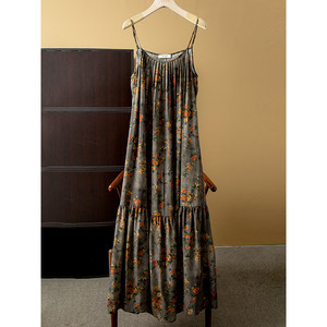 
Silk Art 100% Mulberry Silk Floral Floral Skirt Summer Suspender Skirt Printed Long Skirt A-Line Skirt Dress