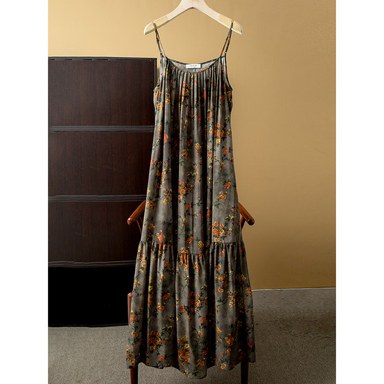 
Silk Art 100% Mulberry Silk Floral Floral Skirt Summer Suspender Skirt Printed Long Skirt A-Line Skirt Dress