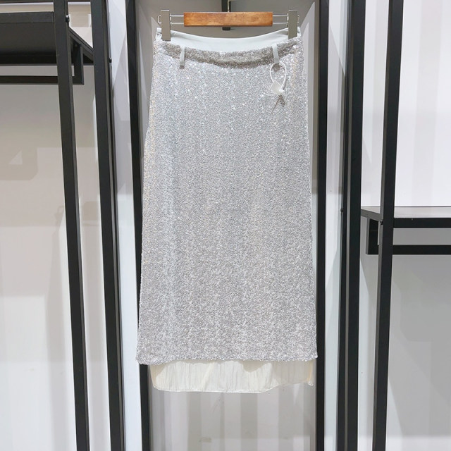 French niche 2023 Autumn and Winter Light Luxury Sequin Tulle Slit Skirt Mid-length Banquet Straight Skirt Skirt
