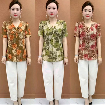 
Mom's summer floral thin doll collar shirt fashionable middle-aged women's loose breathable ice silk T-shirt top