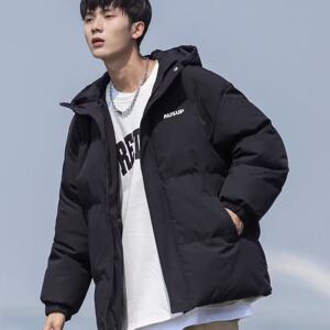 
Winter hooded black bread coat, men's thickened trendy brand youth cotton coat, couple's casual cotton coat